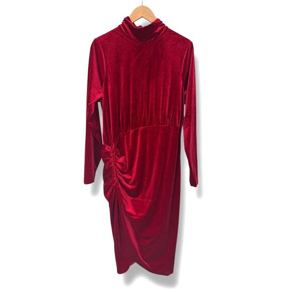 New Rich Red Velvet Ruched Mock Neck Dress Long Sleeves Size 20W Plus Sz Velour - Picture 2 of 7